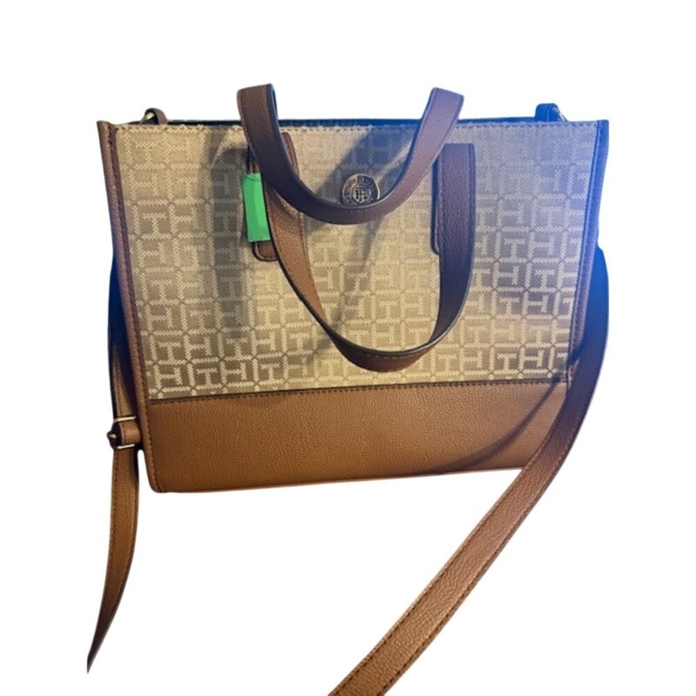 Tommy Hilfiger TH Monogram Jacquard Satchel Crossbody Bag Tan Brown